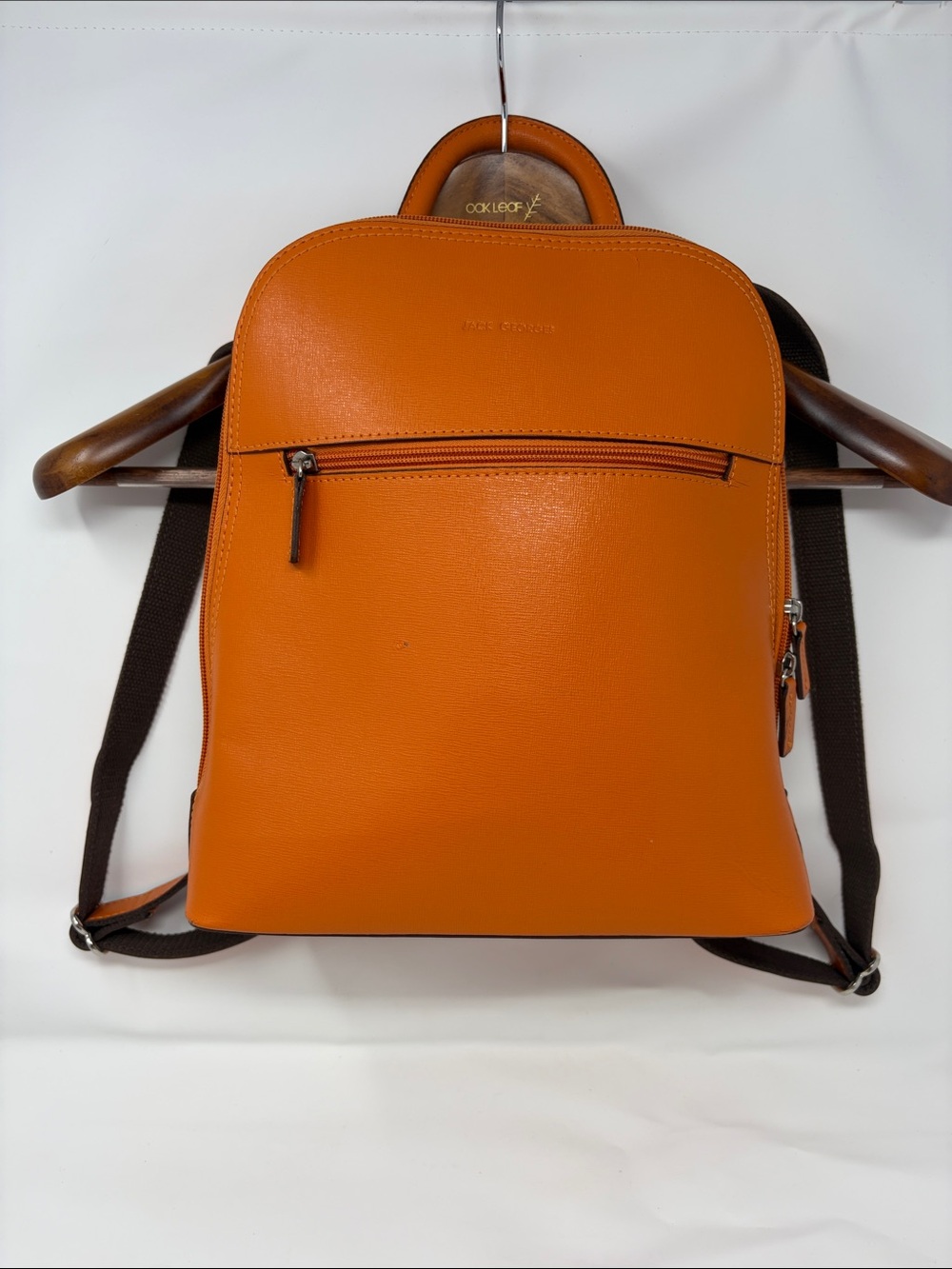 Jack Georges Bright Orange Leather Backpack with Front Zip Pocket